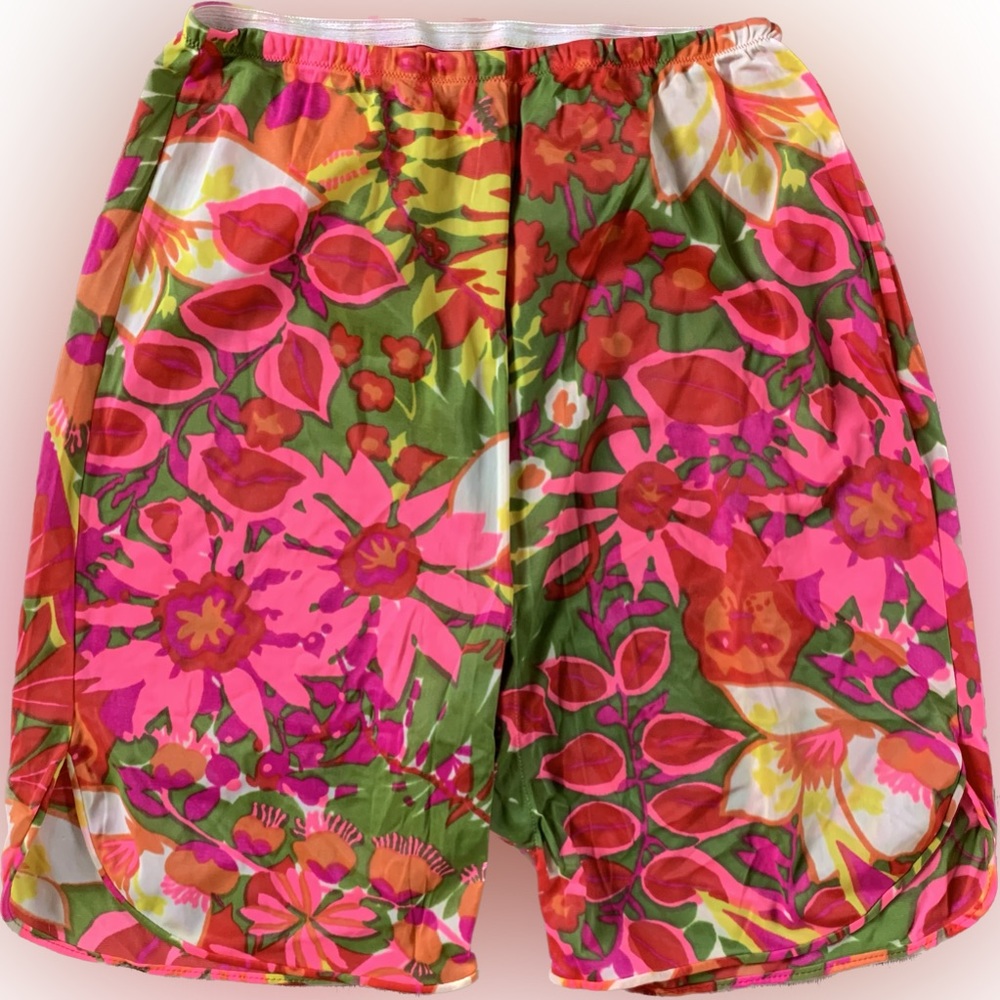 Vintage neon colorful tropical jungle floral pattern poly nylon boudoir shorts
